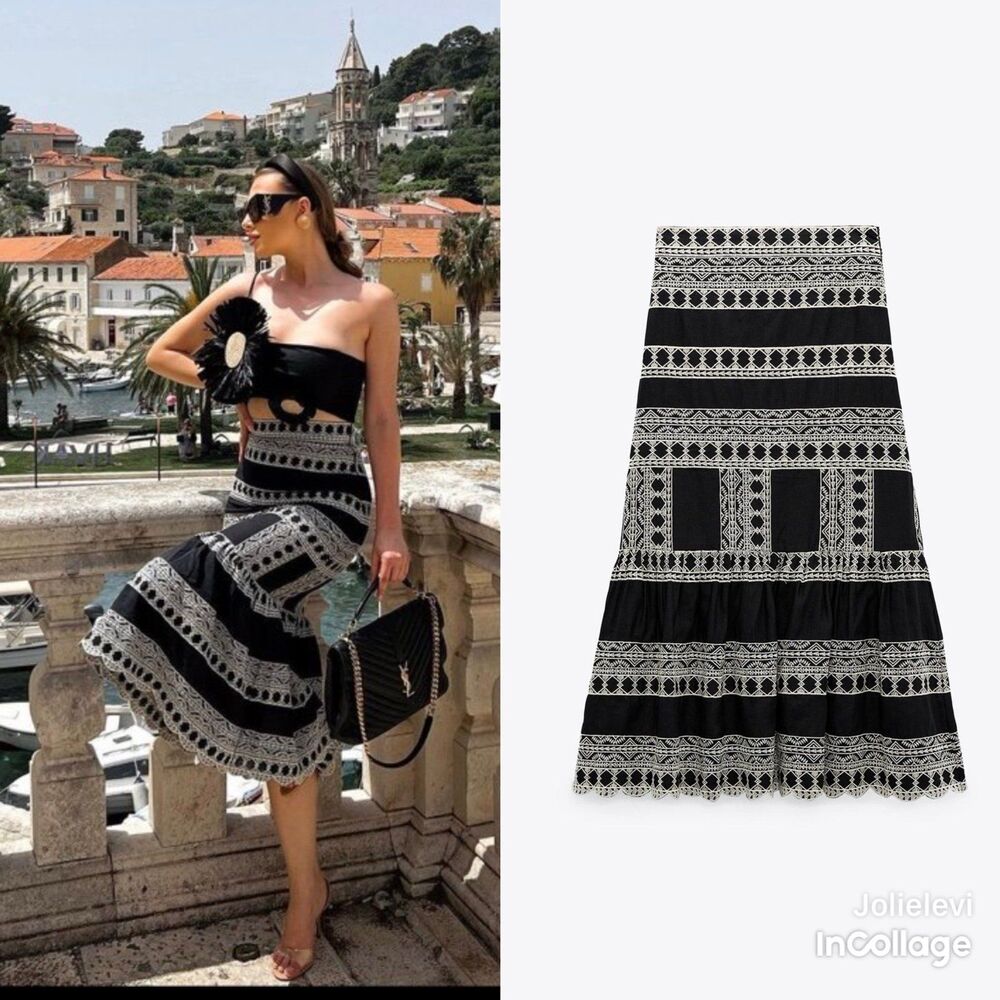 Zara Black and White Lace-Trim Midi Skirt